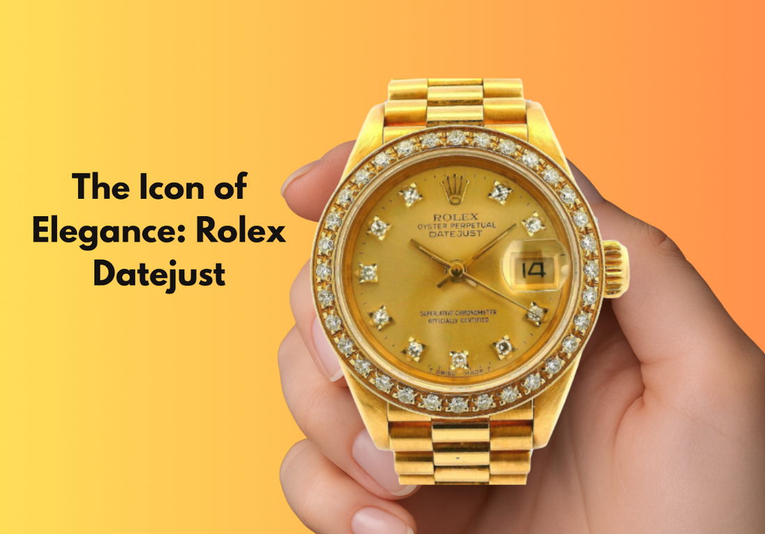Close-up of a hand holding a gold Rolex Datejust watch with diamond bezel and markers, featuring text “The Icon of Elegance: Rolex Datejust” on a yellow-orange background.