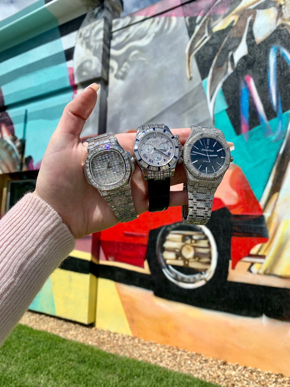 Iced out jewelry and luxury watches: Cartier Love bracelet, AP & Patek Philippe