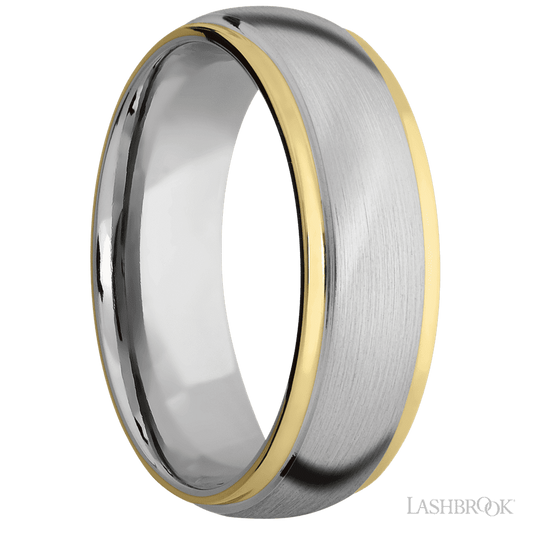 Lashbrook 7mm Domed Stepped Down Edges 14K White Gold Wedding Band — 14K Yellow Gold Inlay