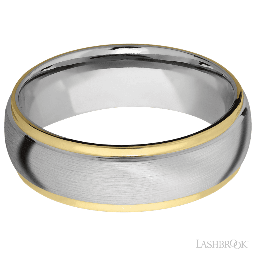 Lashbrook 7mm Domed Stepped Down Edges 14K White Gold Wedding Band — 14K Yellow Gold Inlay