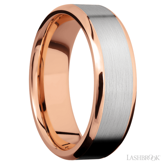 Lashbrook 7mm Beveled 14K Rose Gold Wedding Band — 14K White Gold Inlay
