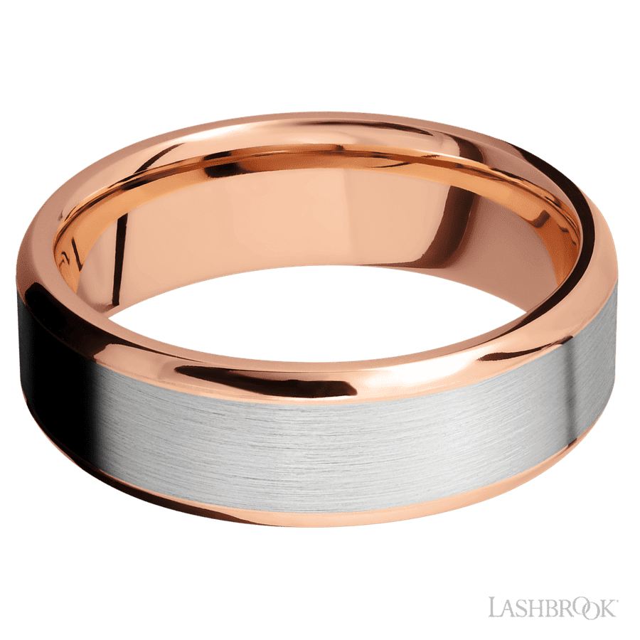 Lashbrook 7mm Beveled 14K Rose Gold Wedding Band — 14K White Gold Inlay