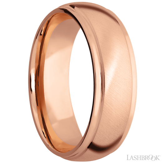7 mm wide Domed Stepped Down Edges 14K Rose Gold band.