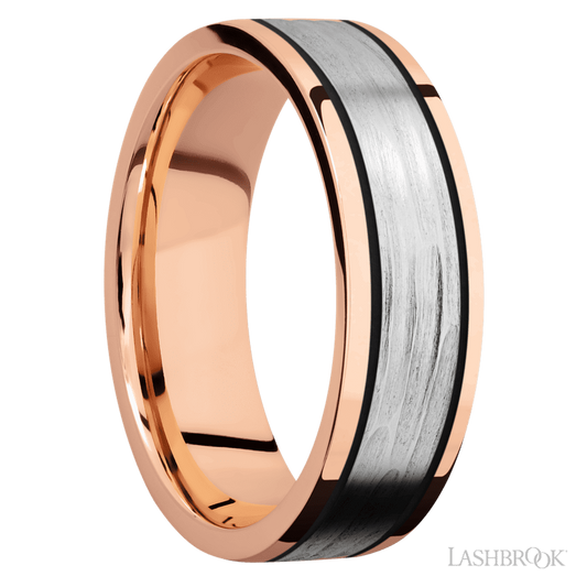 Lashbrook 7mm Flat 14K Rose Gold Wedding Band — 14K White Gold Inlay