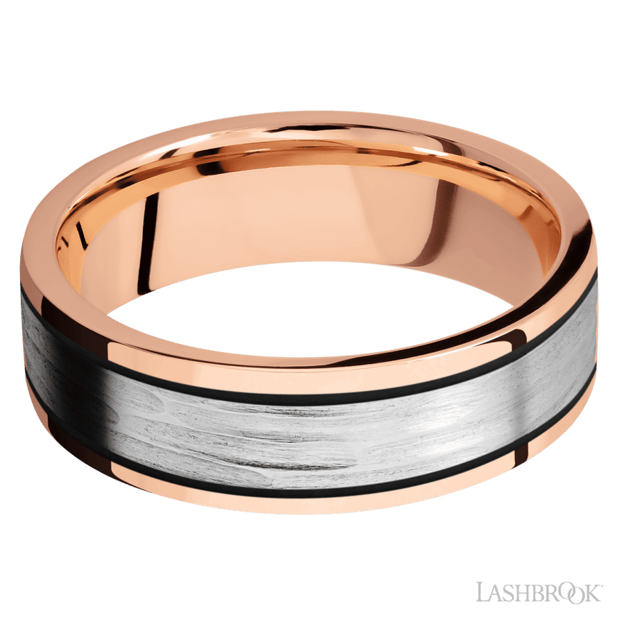 Lashbrook 7mm Flat 14K Rose Gold Wedding Band — 14K White Gold Inlay