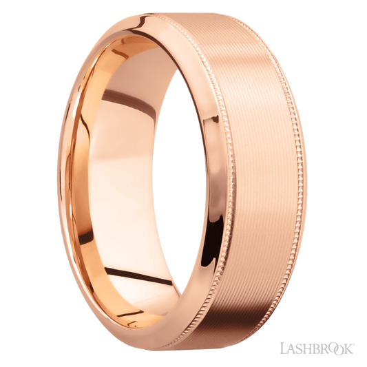 Lashbrook 8mm High Bevel Milgrain 14K Rose Gold Wedding Band