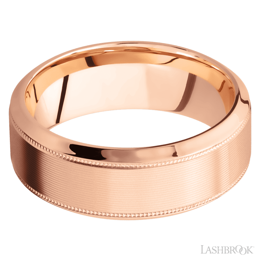 Lashbrook 8mm High Bevel Milgrain 14K Rose Gold Wedding Band