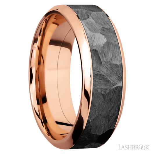 8 mm wide/High Bevel/14K Rose Gold band with one 5 mm Centered inlay of Zirconium.