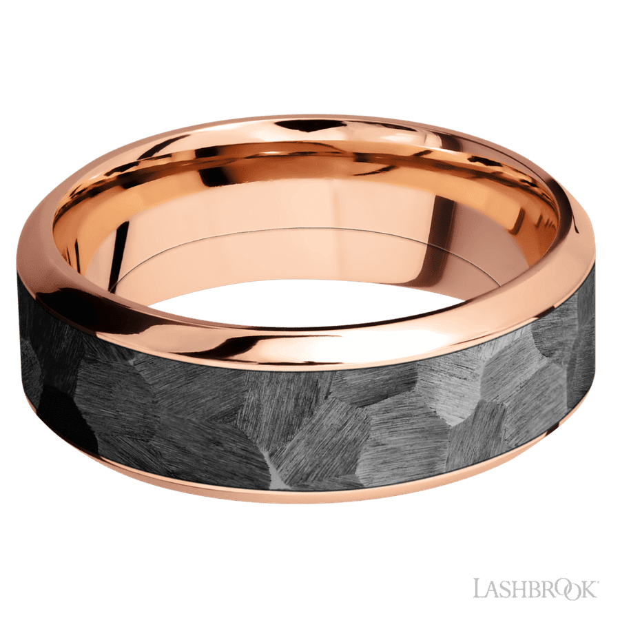 Lashbrook 8mm High Bevel 14K Rose Gold Wedding Band — Zirconium Inlay