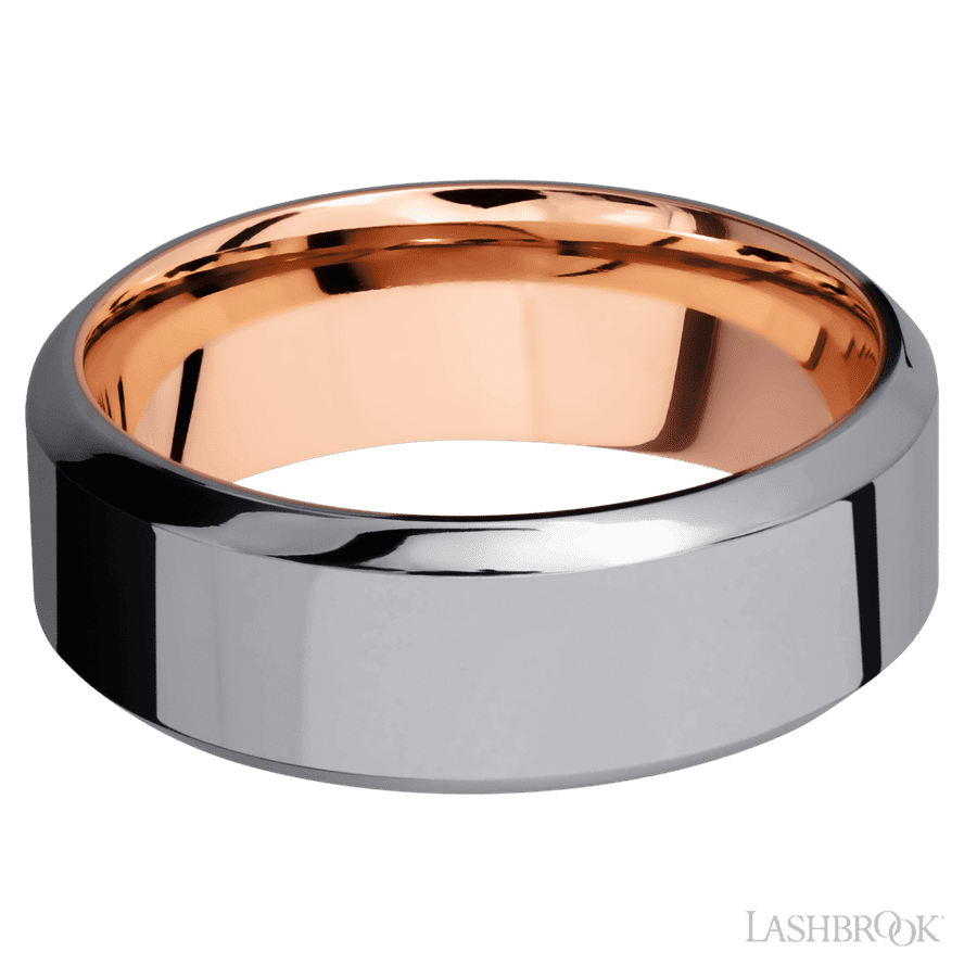 Lashbrook 8mm High Bevel Tantalum Wedding Band — 14K Rose Gold Sleeve