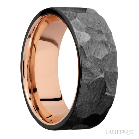 8 mm wide Flat Zirconium band featuring a 14K Rose Gold sleeve.