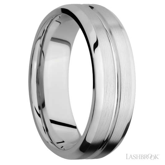7 mm wide Beveled with Center Accent Groove 14K White Gold band.