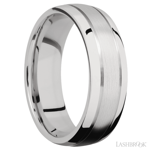 7 mm wide Domed with two accent grooves 14K White Gold band.