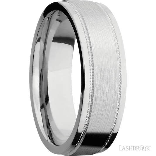 7 mm wide Flat Stepped Edges Milgrain 14K White Gold band.