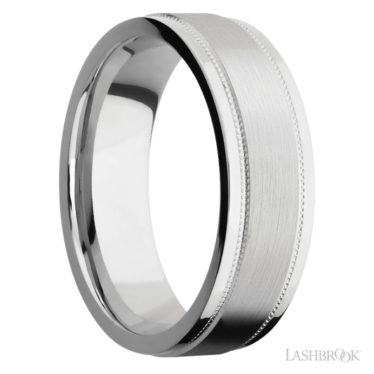 7 mm wide Flat Stepped Edges Milgrain 14K White Gold band.