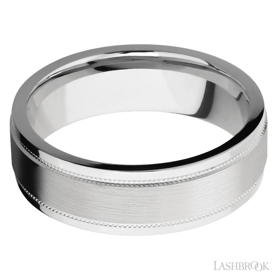 Lashbrook 7mm Flat Stepped Edges Milgrain 14K White Gold Wedding Band
