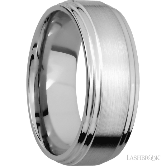 8 mm wide Flat Double Stepped Edges 14K White Gold band.