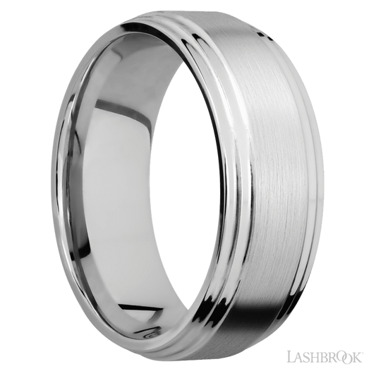 8 mm wide Flat Double Stepped Edges 14K White Gold band.