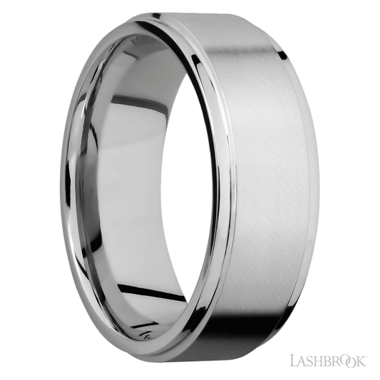 8 mm wide Flat Grooved Edges 14K White Gold band.
