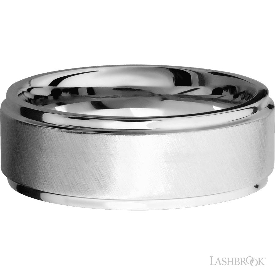 Lashbrook 8mm Flat Grooved Edges 14K White Gold Wedding Band — Angle Satin / Polish Finish