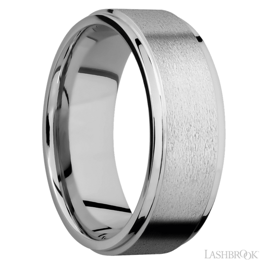 8 mm wide Flat Grooved Edges 14K White Gold band.