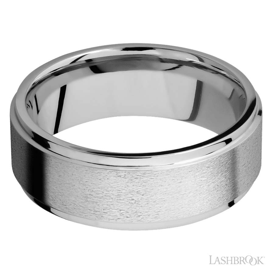 Lashbrook 8mm Flat Grooved Edges 14K White Gold Wedding Band — Stone / Polish Finish
