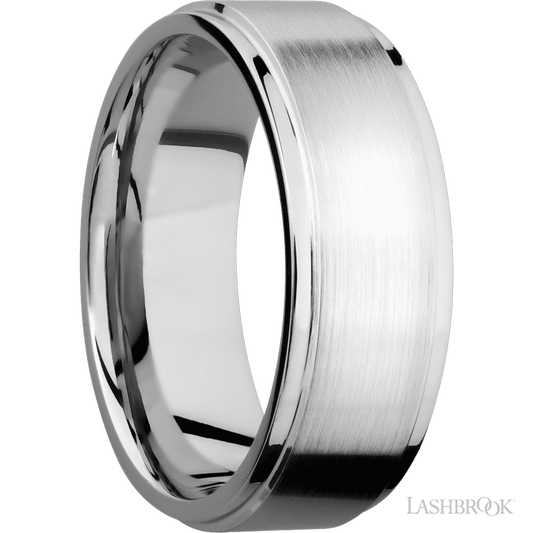 8 mm wide Flat Grooved Edges 14K White Gold band.
