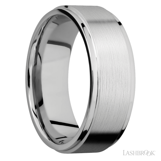 8 mm wide Flat Grooved Edges 14K White Gold band.