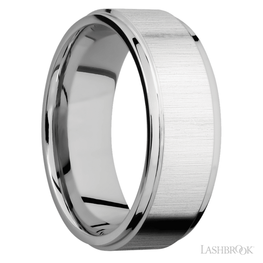 8 mm wide Flat Grooved Edges 14K White Gold band.