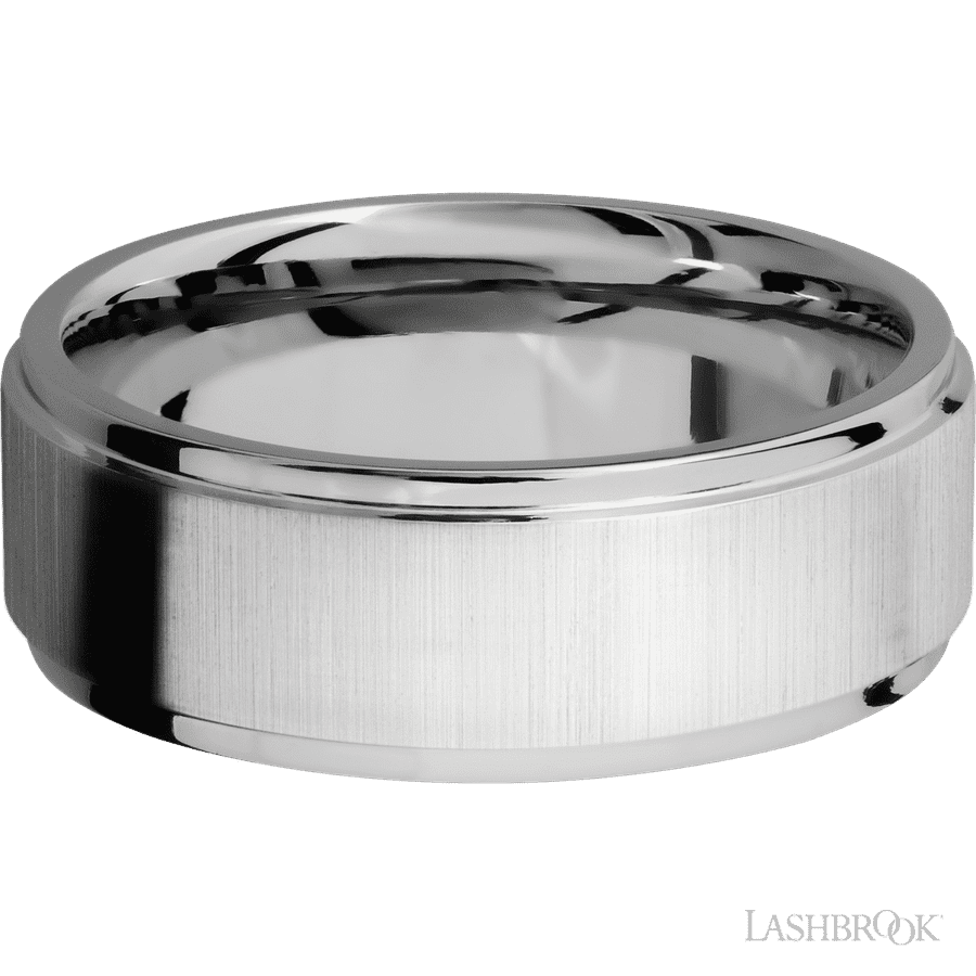 Lashbrook 8mm Flat Grooved Edges 14K White Gold Wedding Band — Cross Satin / Polish Finish