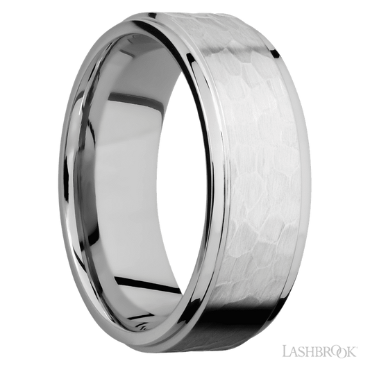 8 mm wide Flat Grooved Edges 14K White Gold band.