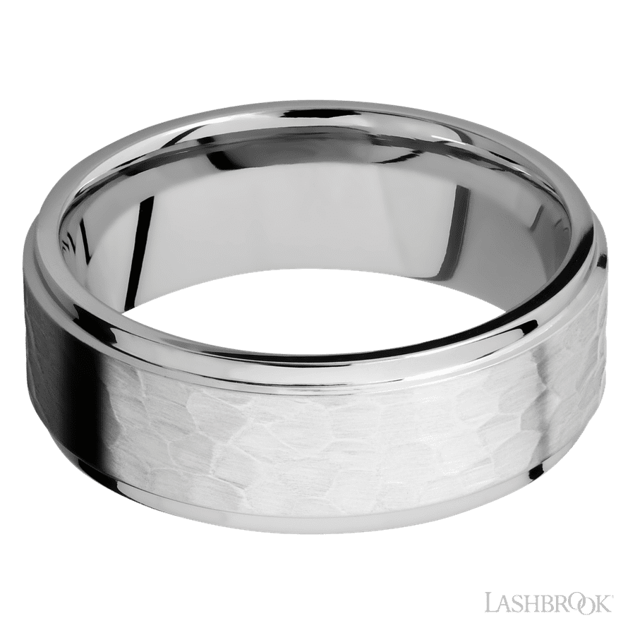 Lashbrook 8mm Flat Grooved Edges 14K White Gold Wedding Band — Hammer / Polish Finish