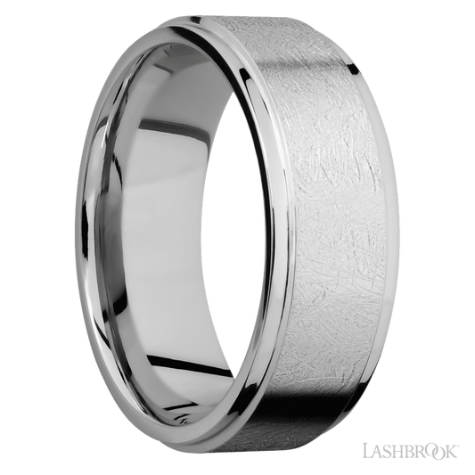 8 mm wide Flat Grooved Edges 14K White Gold band.