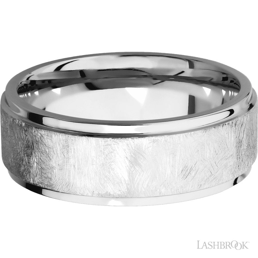 Lashbrook 8mm Flat Grooved Edges 14K White Gold Wedding Band — Distressed / Polish Finish