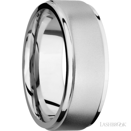 8 mm wide Flat Grooved Edges 14K White Gold band.