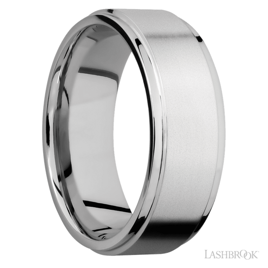 8 mm wide Flat Grooved Edges 14K White Gold band.