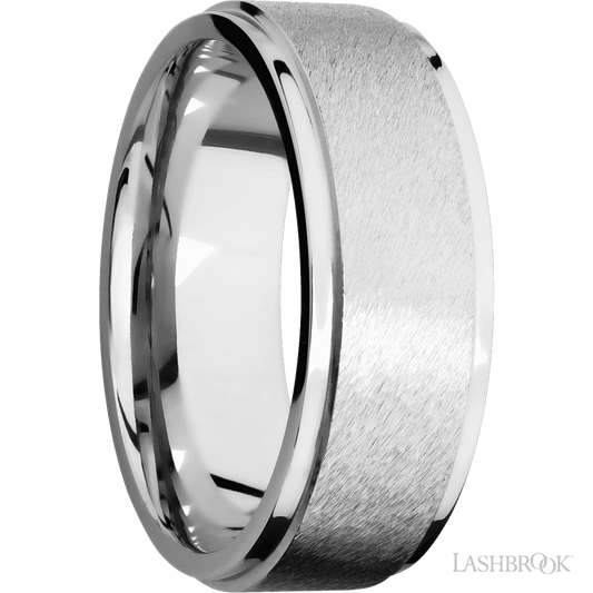 8 mm wide Flat Grooved Edges 14K White Gold band.