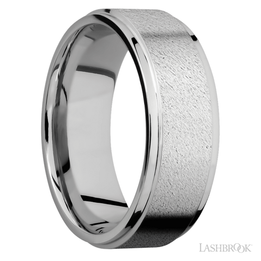 8 mm wide Flat Grooved Edges 14K White Gold band.