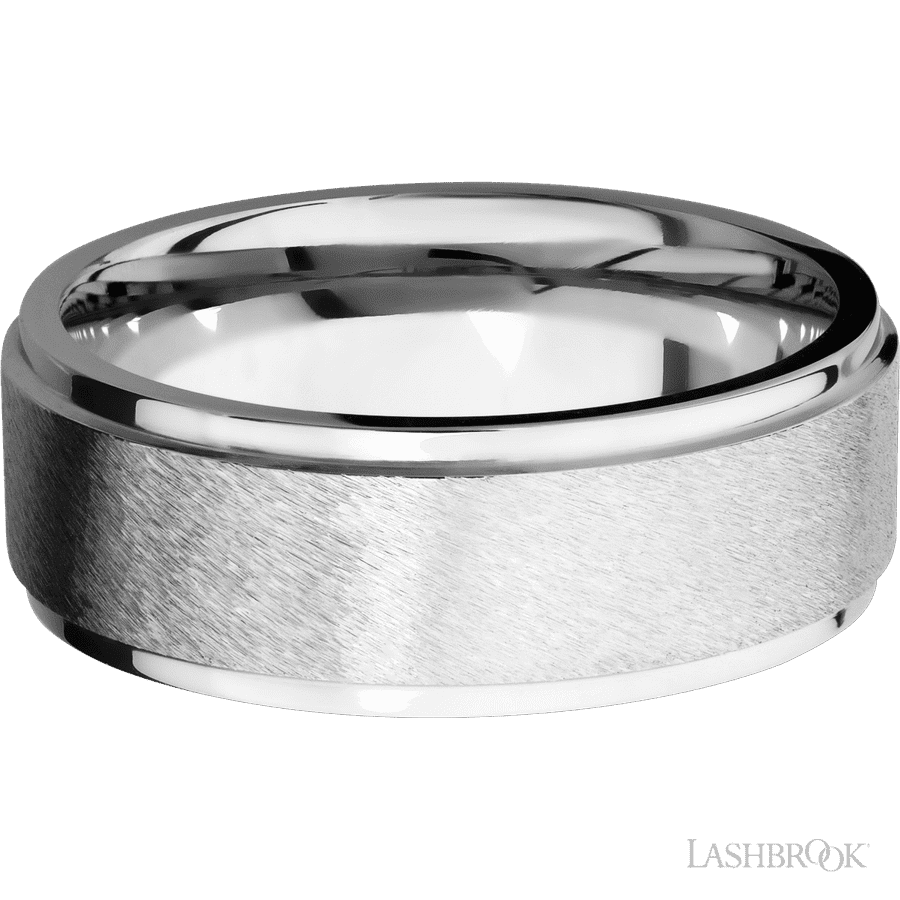 Lashbrook 8mm Flat Grooved Edges 14K White Gold Wedding Band — Angle Stone / Polish Finish