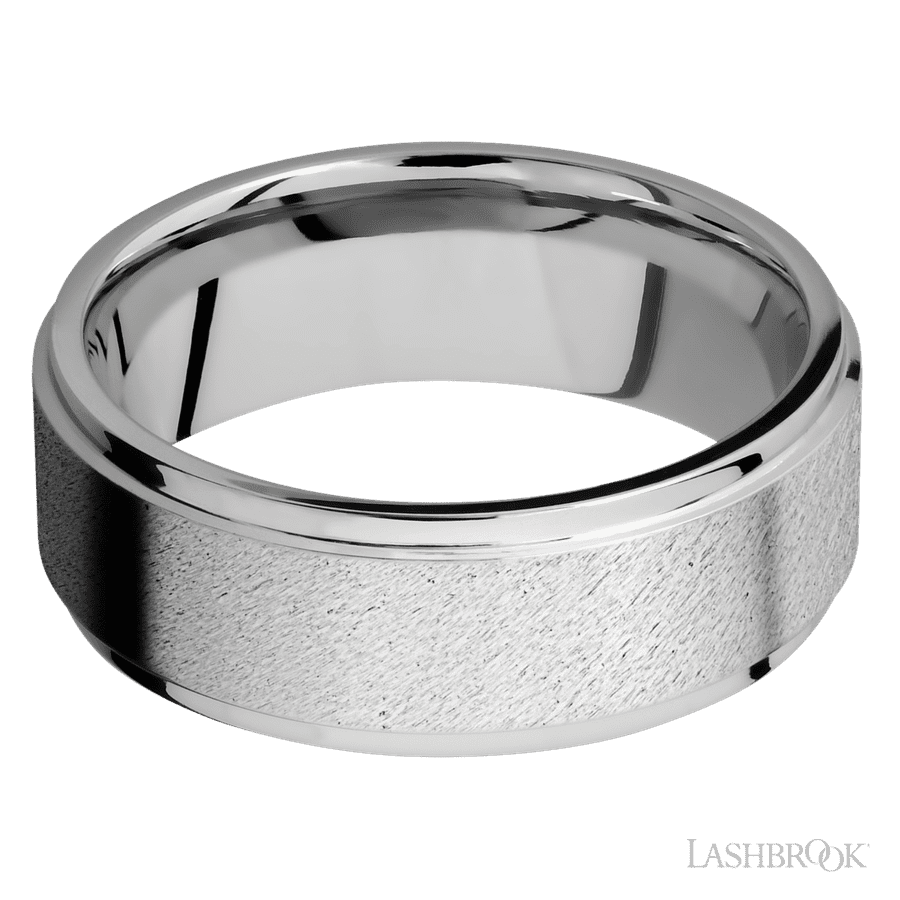 8 mm wide Flat Grooved Edges 14K White Gold band.