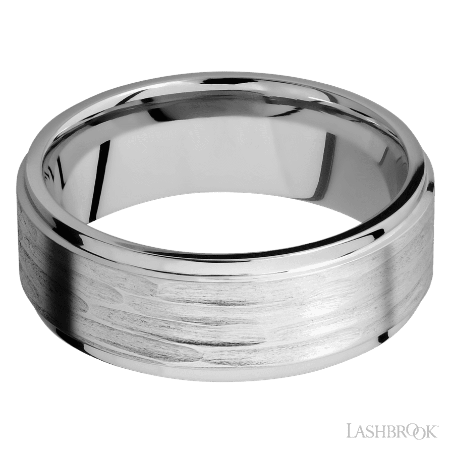 Lashbrook 8mm Flat Grooved Edges 14K White Gold Wedding Band — Treebark H / Polish Finish