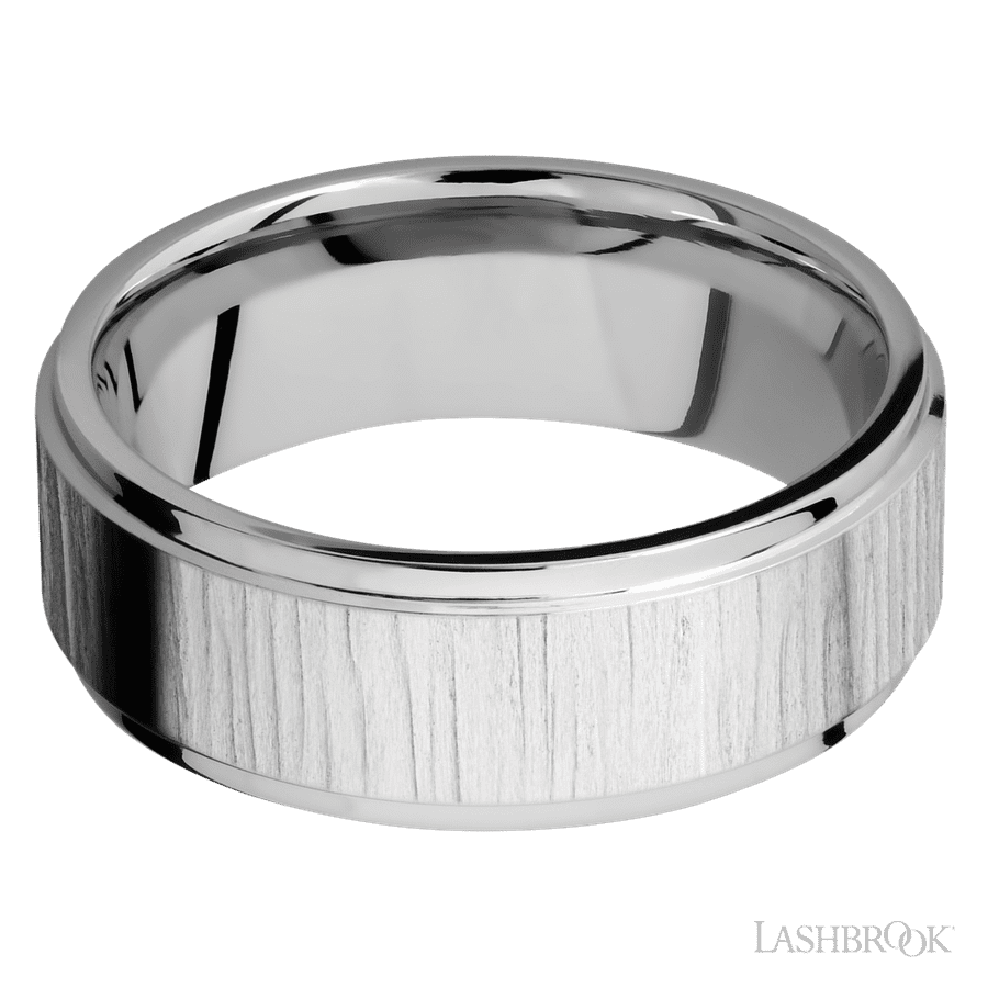 Lashbrook 8mm Flat Grooved Edges 14K White Gold Wedding Band — Treebark 1 / Polish Finish