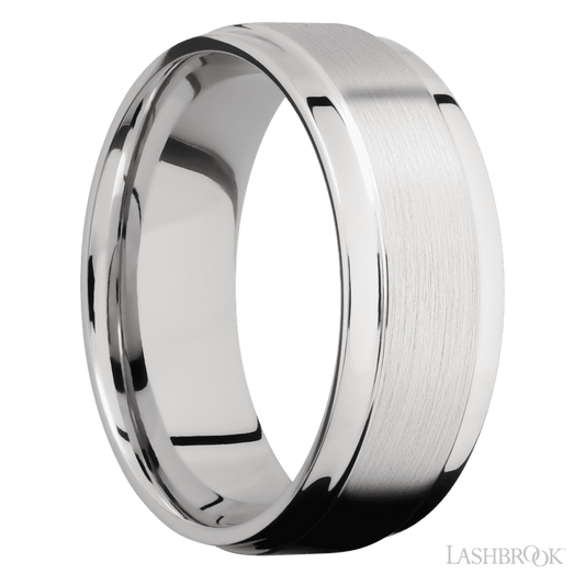 8 mm wide Flat Wide Grooved Edges 14K White Gold band.