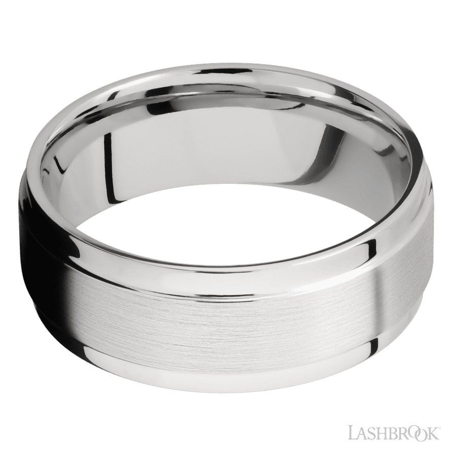 Lashbrook 8mm Flat Wide Grooved Edges 14K White Gold Wedding Band