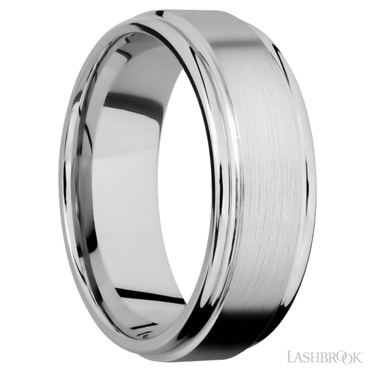 8 mm wide Flat Rounded Edges 14K White Gold band.