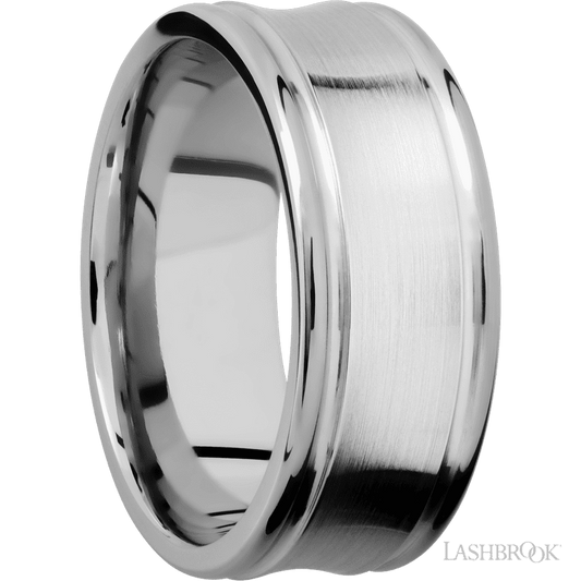 9 mm wide Concaved Center Round Edges 14K White Gold band.