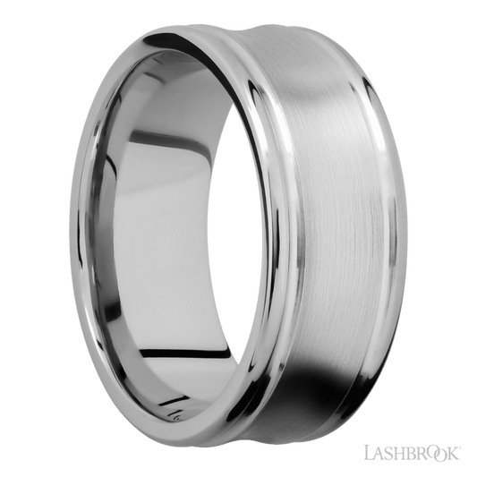 9 mm wide Concaved Center Round Edges 14K White Gold band.