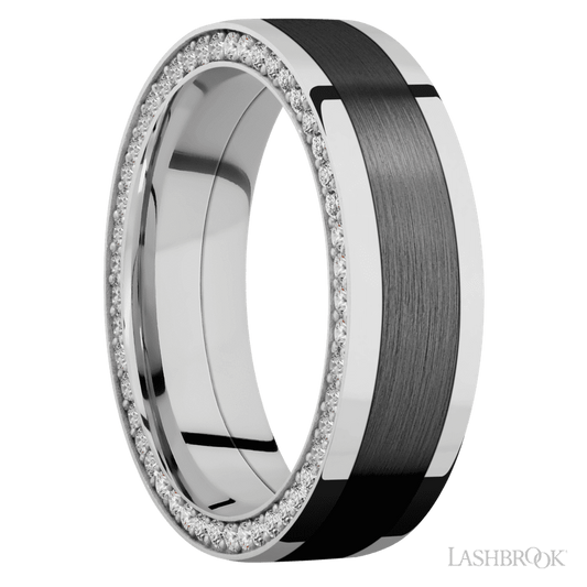 7 mm wide/Flat/14K White Gold band with one 4 mm Centered inlay of Zirconium and featuring a Side Eternity arrangement of .01 carat Round Diamond stones in a Bead Channel setting