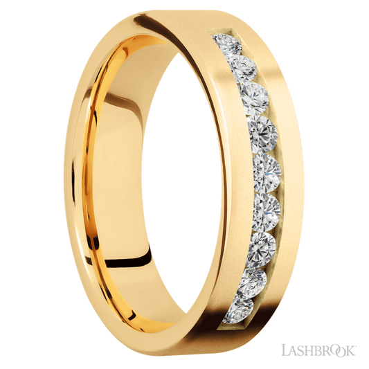 6 mm wide/Flat/14K Yellow Gold band with an arrangement of 9, .07 carat Round Diamond stones in a Channel setting.
