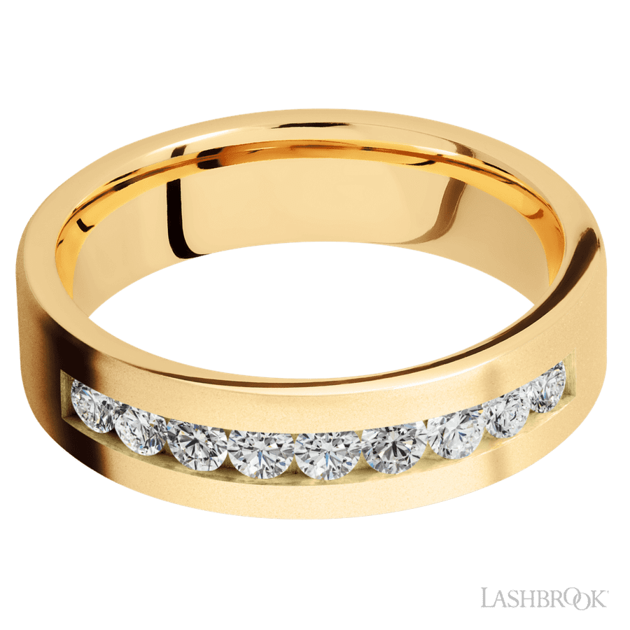 6 mm wide/Flat/14K Yellow Gold band with an arrangement of 9, .07 carat Round Diamond stones in a Channel setting.